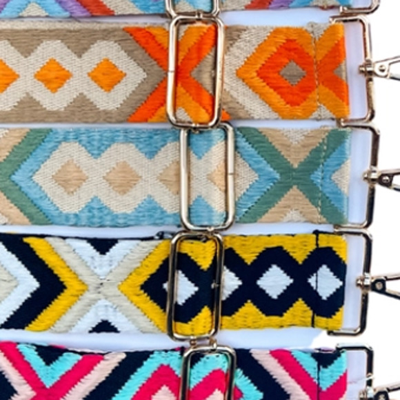 Tan Light Blue Geometric Adjustable Crossbody Bag Purse Guitar Strap - Picture 2 of 3